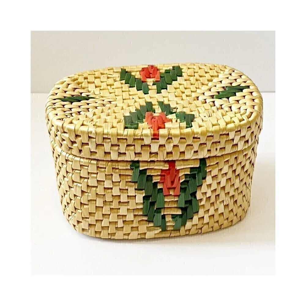 Sweetgrass? Woven Basket Lid Floral Xmas Oval Folk Art Southwest Small Trinket